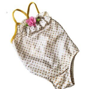 Baby Buns Swimwear One Piece Ruffled Top Floral White Gold Polka Dots 18 Months
